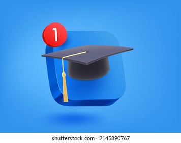 Education app concept. 3d vector mobile application icon with notification