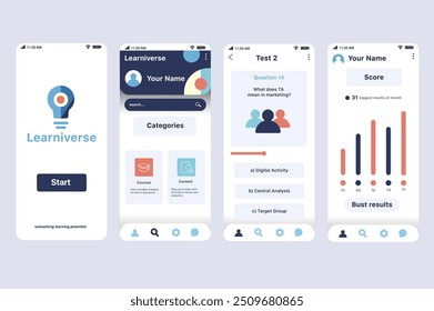 Education app concept in flat design. The Learniverse app interface includes course sections, quizzes, and performance tracking with a visual representation of the data. Vector Illustration.