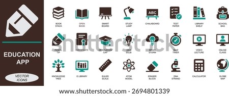 Education app icons set for apps, UI and web. Includes school, study, online learning, knowledge, exam, graduation, library, tutorial and academic symbols.