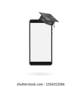 Education app, smartphone with graduation cap, screen blank. Online learning. Vector template illustration.