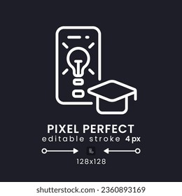 Education app white linear desktop icon on black. Exam preparation. E-learning platform. Pixel perfect 128x128, outline 4px. Isolated user interface symbol for dark theme. Editable stroke