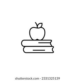 Education. Apple with books. School lesson linear icon. Thin line customizable illustration. Contour symbol. Vector isolated outline drawing. Editable stroke