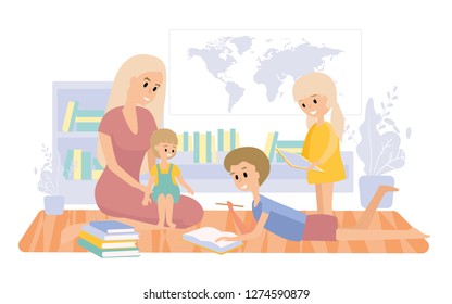 Education apps. Home schooling. Classes with children of different ages. Mom does homework with her son and two daughters.
