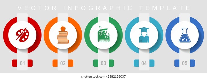 Education art and science flat design icon set, miscellaneous icons such as painter, books, music, student and flask, vector infographic template, web buttons collection