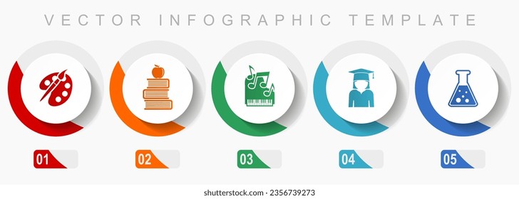 Education art and science icon set, miscellaneous icons such as painter, books, music, student and flask, flat design vector infographic template, web buttons in 5 color options