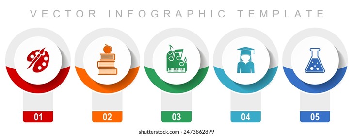 Education art and science icon set, miscellaneous vector icons such as painter, books, music, student and flask, modern design infographic template, web buttons in 5 color options