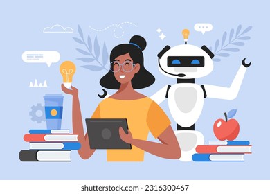 Educación con el concepto de inteligencia artificial. Ilustración vectorial moderna del estudiante que utiliza la tecnología de IA para el estudio y el aprendizaje