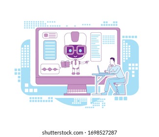 Education Assistant Bot Thin Line Concept Vector Illustration. Remote Lesson Website Chatbot. Robot Development Course Student 2D Cartoon Character For Web Design. E Learning Technology Creative Idea