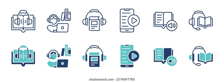 education audio book icon line set online book learning listening podcast media study signs vector illustration for web and app