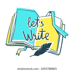 Education and authorship concept. Vector creative color illustration of opening book with bookmark, bird feather, inscription on white background. Flat line art style design of book for web, banner