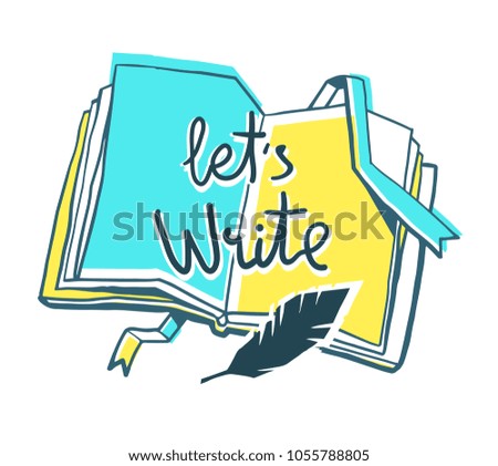 Education and authorship concept. Vector creative color illustration of opening book with bookmark, bird feather, inscription on white background. Flat line art style design of book for web, banner