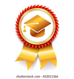 Education award medal with graduation cap or mortar board symbol. Vector icon isolated on white background