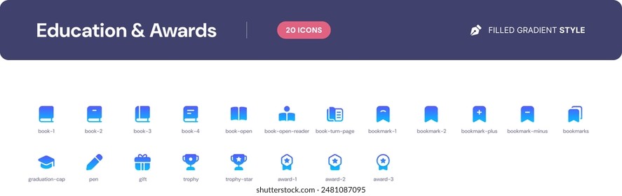 Education and Awards icon set. Essential UI Icons Set in Filled Gradient Style. The set consists of essential and commonly-used icons that every UI designer needs.