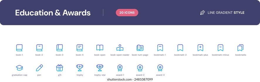 Education and Awards icon set. Essential UI Icons Set in Line Gradient Style. The set consists of essential and commonly-used icons that every UI designer needs.