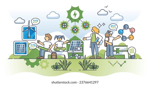 Education and awareness for greener future learning with kids outline concept. Sustainable and environmental electricity principles explanation in school vector illustration. Clean power project.