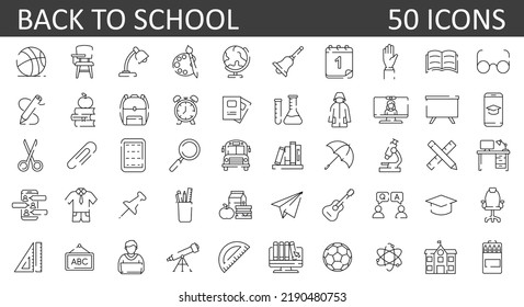 Education and back to school - 36 outline icons set. education, university, learning, studying, Equipment and tools