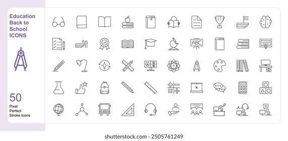 Education and back to school 50 set single stroke vector collection expandable and color changeable pixel perfect arrow sets