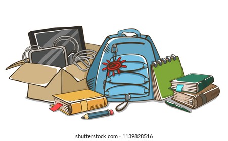 Education and back to school background with school supplies, box, backpack, accessories. School or office stuff. Vector cartoon illustration.