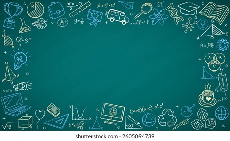 An education and back to school background template with a frame of hand-drawn school icons. A vector in a sketch style on a chalkboard texture for a presentation, flyer, or creative learning.