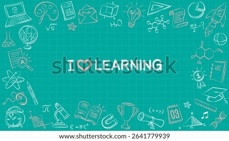 An education and back to school background template with a frame of hand-drawn school icons. A vector in a sketch style on a chalkboard texture for a presentation, flyer, or creative learning.