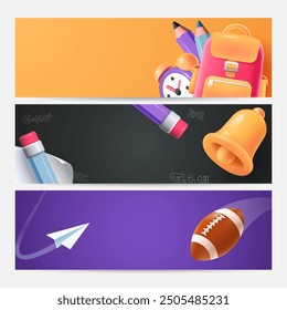 Educación y diseño de Anuncio de regreso a la escuela. Fondo Horizontal con útiles escolares y espacio para texto. Ilustración vectorial.