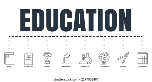 Education and back to school banner web icon set. chemistry, clipboard, desk lamp, book, geography, compass divider, calculator, trophy vector illustration concept.