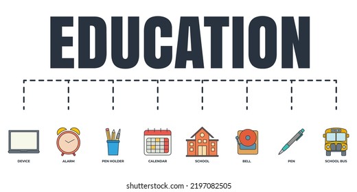 Education and back to school banner web icon set. school, bell, school bus, alarm clock, pen, calendar, pen holder, laptop device vector illustration concept.