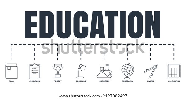 Education and back to school banner\
web icon set. chemistry, clipboard, desk lamp, book, geography,\
compass divider, calculator, trophy vector illustration\
concept.