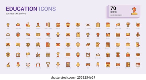 Conjunto de iconos coloridos de Educación y regreso a la escuela. Paquete de iconos de línea y sólidos. colección para Web y ui. Contorno de símbolo de color relleno, los nombres de iconos están escritos en inglés.