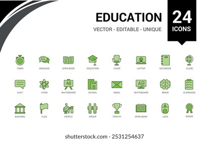 Education and back to school colorful icons set. Line and solid icons pack. collection for web and ui. Outline filled color symbol bundel, Icon names are written in English.