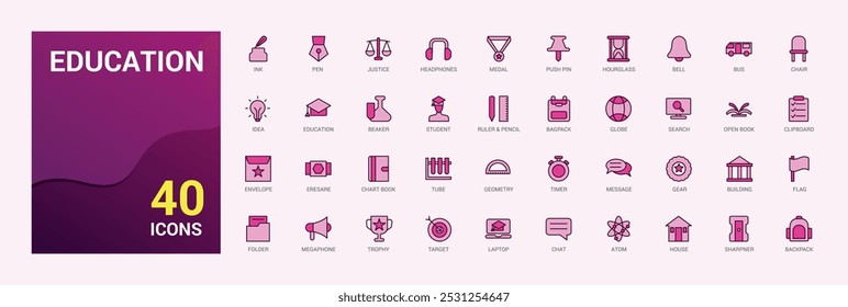 Education and back to school colorful icons set. Line and solid icons pack. collection for web and ui. Outline filled color symbol bundel, Icon names are written in English.
