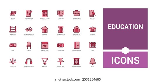 Education and back to school colorful icons set. Line and solid icons pack. collection for web and ui. Outline filled color symbol bundel, Icon names are written in English.