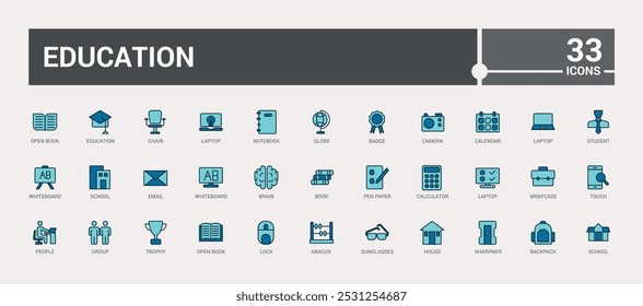 Education and back to school colorful icons set. Line and solid icons pack. collection for web and ui. Outline filled color symbol bundel, Icon names are written in English.