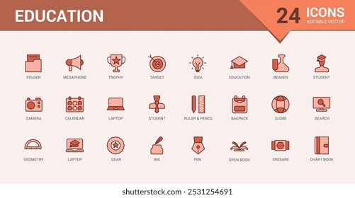 Education and back to school colorful icons set. Line and solid icons pack. collection for web and ui. Outline filled color symbol bundel, Icon names are written in English.