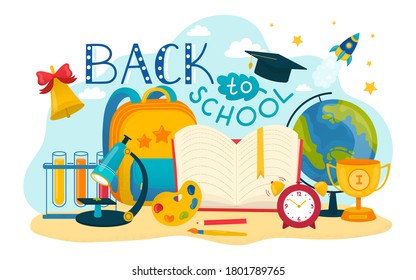 La educación, de vuelta al concepto escolar, ilustración vectorial de fondo. Cartel colorido, diseño de estudio con lápiz, libro, ciencia gráfica. Icono de letras planas, papel, pluma y regla.