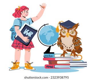 Education and back to school concept, design of timetable of lessons and diploma with student girl and owl sitting on books with globe, flat vector illustration isolated on white background.