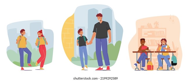 Education, Back to School Concept. Kids Walking with Rucksacks, Son with Father, Classmates Sitting at Desk. Children Characters Go for Education and Knowledge. Cartoon People Vector Illustration