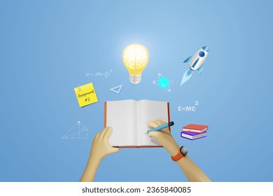 Education, back to school concept. Student hand writing on book with smart brain in lightbulb and flying school elements for student inspiration and imagination. 3D vector.