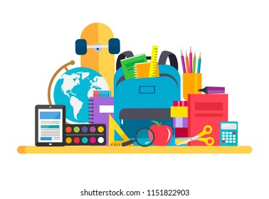 Education and back to school concept with school supplies set, vector illustration. With backpack, books, globe, pencils, tablet, notebook, ruler, calculator, scissors, paint  etc. Stationery icons co