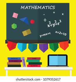Education or back to school concept:  There are blackboard,books,laptop on the table and colorful party flags in the classroom.Space for text or copy, cute flat design.