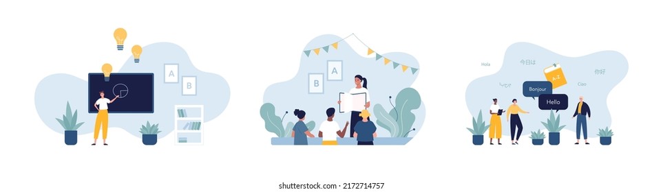 Education and back to school concept. Vector flat people illustration set. Group of multiethnic child with teacher. Black board, light bulb, book, language study symbol.