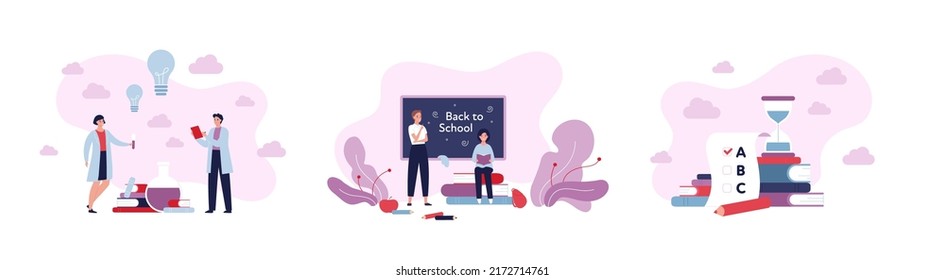 Education And Back To School Concept. Vector Flat People Illustration Set. Group Of Multiethnic Character. Teenager In Lab Coat. Black Board, Test Tube, Lightbulb, Book, Exam And Hourglass Symbol.