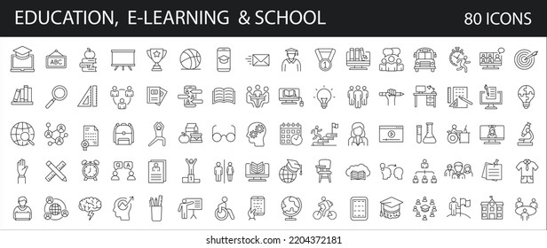 Educación y de vuelta a la escuela, e-learning, - 80 íconos de contorno. , universidad, aprendizaje, estudio, equipos y herramientas. Stroke Editable