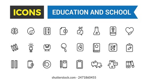 Education and back to school icons set. Outline icons pack. Editable vector icon and illustration.