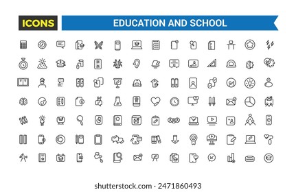 Educación y regreso a la escuela conjunto de iconos. Paquete de iconos de esquema. Icono de Vector editable e ilustración.