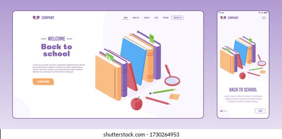 Education and back to school isometric concept on web page and onboarding screen template. Vector illustration of stack of paper books with bookmarks and stationery with apple.