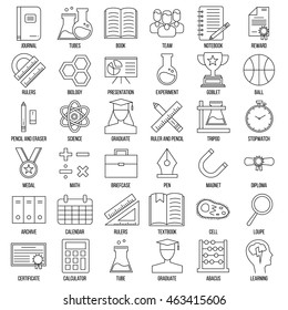 Education and back to school line icons set. Modern outline collection of school items and college objects, education equipment and teaching symbols. Vector illustration isolated on white background.