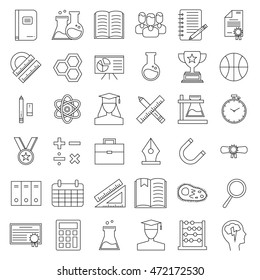 Education and back to school line icons set. Modern outline collection of school items and college objects, education equipment and teaching symbols. Vector illustration isolated on white background.