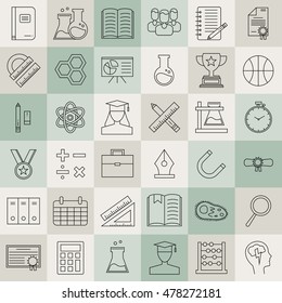 Education and back to school line icons set. Modern outline collection of school items and college objects, education equipment and teaching symbols. Vector illustration isolated on white background.