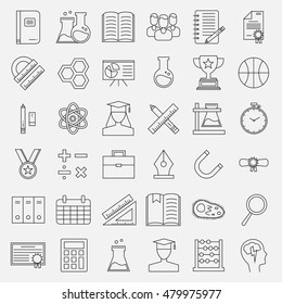 Education and back to school line icons set. Modern outline collection of school items and college objects, education equipment and teaching symbols. Vector illustration isolated on white background.